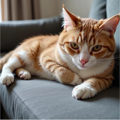 An awake orange cat resting on a gray sofa