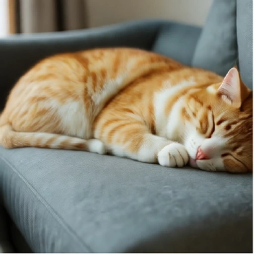 The orange cat changed into a sleeping pose on the same sofa