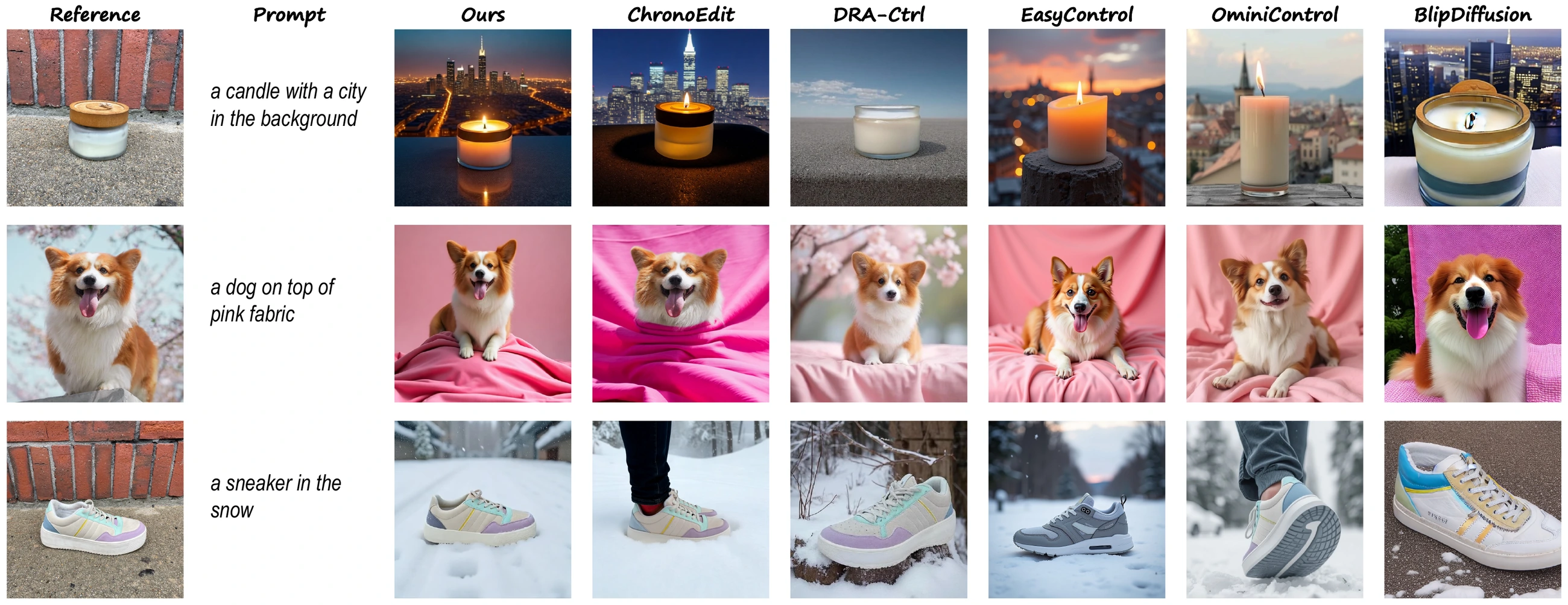 DreamBench comparison for a candle with a city background, a dog on pink fabric, and a sneaker in snow; columns show reference, prompt, FrameForge, and competing methods