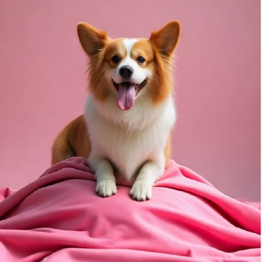 The same corgi sitting on top of pink fabric